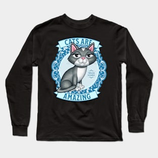 Cute Gray White Kitty Cat on Teal Cats are Amazing Long Sleeve T-Shirt